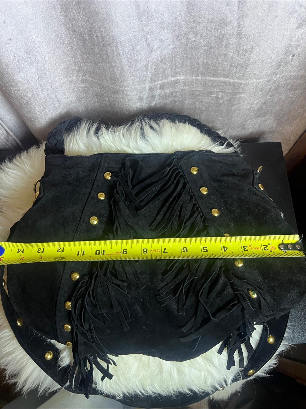 JJ Winters Black Suede Fringe Shoulder Bag with Braided Strap